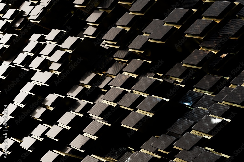 Aufkleber abstract background. patterns of protruding black squares illuminated by golden light. 3d illustrati