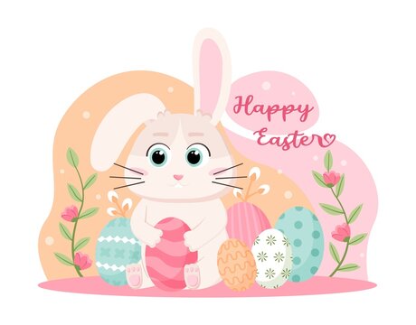Happy Easter poster. Cute hare sits next to colorful eggs. Invitation or greeting card. Spring traditional religious holidays, cute rituals. Banner for website. Cartoon flat vector illustration