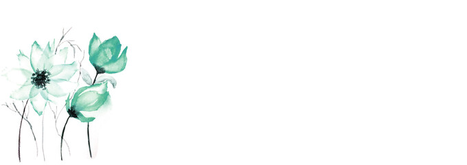 Banner  con delicati fiori ad acquerello, illustrazione isolata su sfondo bianco