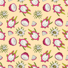 Red dragon fruit. Fruit seamless pattern with pitahaya. Design for fabric, textile, wallpaper, packaging.
