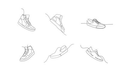 set collection Vector illustration of sneakers sports shoes in a continuous one line isolated white background