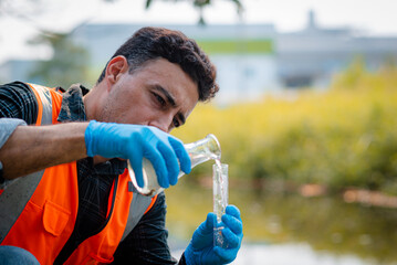 Scientists team collect water samples for analysis and research on water quality, environment with...