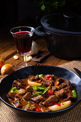 classic beef goulash with peppers and onions