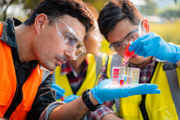 Scientists team collect water samples for analysis and research on water quality, environment with...