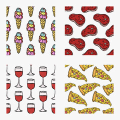 set of different seamless food patterns. doodle vector food background