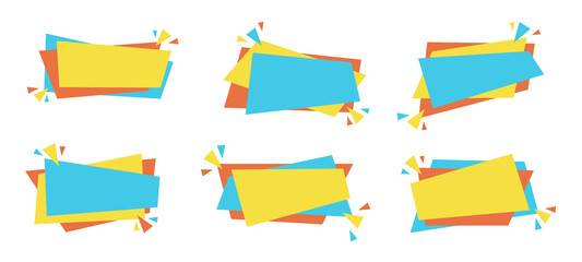 Horizontal rectangle promo tag set, abstract web sale banner, flat festive discount label, isolated trendy promotion ribbon with confetti, color geometric price coupon collection, vector illustration