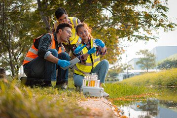 Scientists team collect water samples for analysis and research on water quality, environment with...
