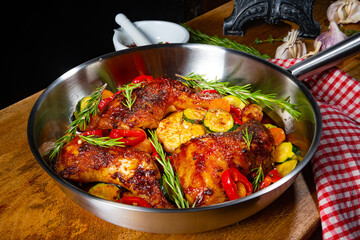 Fried chicken legs with various vegetables and spices