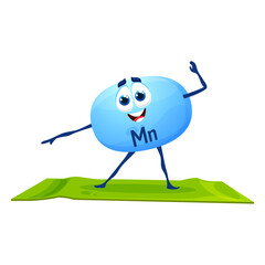 Cartoon cheerful manganese mineral character on yoga. Vector Mn micronutrient, funny smiling capsule personage exercise in wellness or pilates class. Health, yogi practice, vitamin sport workout class