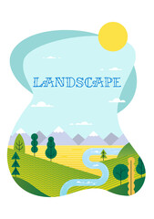 Abstract landscape. Banner with polygonal mountains landscape illustration. Minimalistic style frame. Simple flat design. Hiking. Travel concept of discovering, exploring, observing nature. Vector