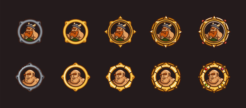 Viking and warrior game avatars in gold ranking frames. Vector cartoon set of badges with heads of characters in silver and golden circle borders with gems isolated on black background