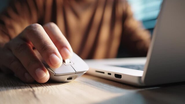 Close-up of a Businessman hand use wireless mouse Click and move on desk in home or office