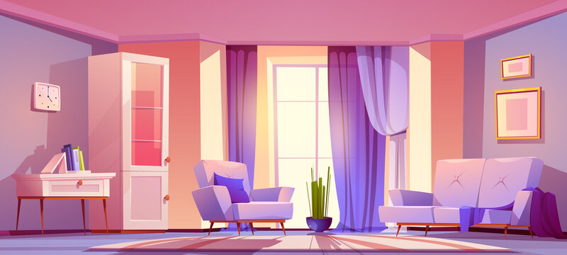 Modern living room with purple furniture and curtains on panoramic window. Vector cartoon illustration of empty lounge interior with sofa, chair, cabinet, books on table and big window