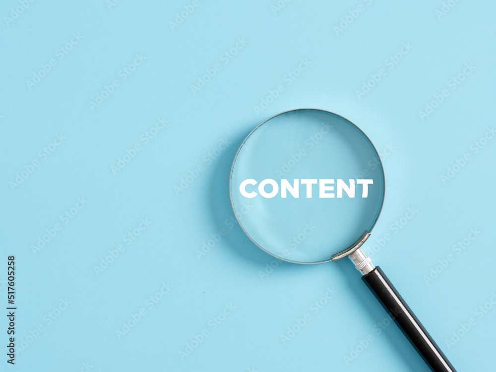 Poster magnifier with the text content on blue background. content search and optimization