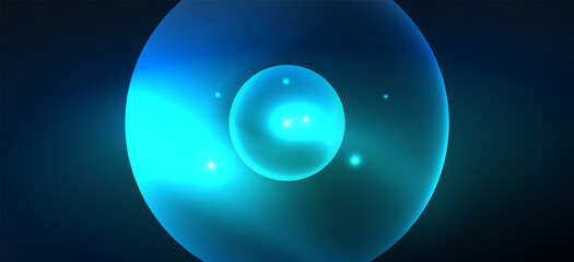 Abstract background with neon glowing light effects. Round shapes, triangles and circles. Wallpaper for concept of AI technology, blockchain, communication, 5G, science, business and technology