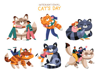 6 scenes with happy people and big cats. Set of funny concept of love, care and happiness. Cat day. Full length male and female characters with a pet. Flat hand drawn cartoon vector illustration