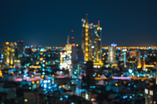 Blur photo background of bangkok cityscape at twilight time, business and background, banner and template concept, building skyscraper and creative office in downtown district