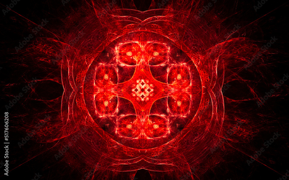 Poster abstract illustration of a computer generated fantastic emblem in various shapes and shades on a bla
