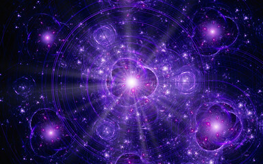 abstract illustration background image fantastic universe with a bright flash of light emanating from inside and many quasar stars in blue, lilac color