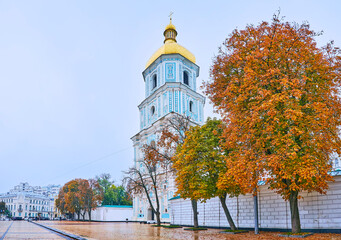 Panorama of Sofiyska Square with Baroque Bell Tower of St Sophia Cathedral, Kyiv, Ukraine