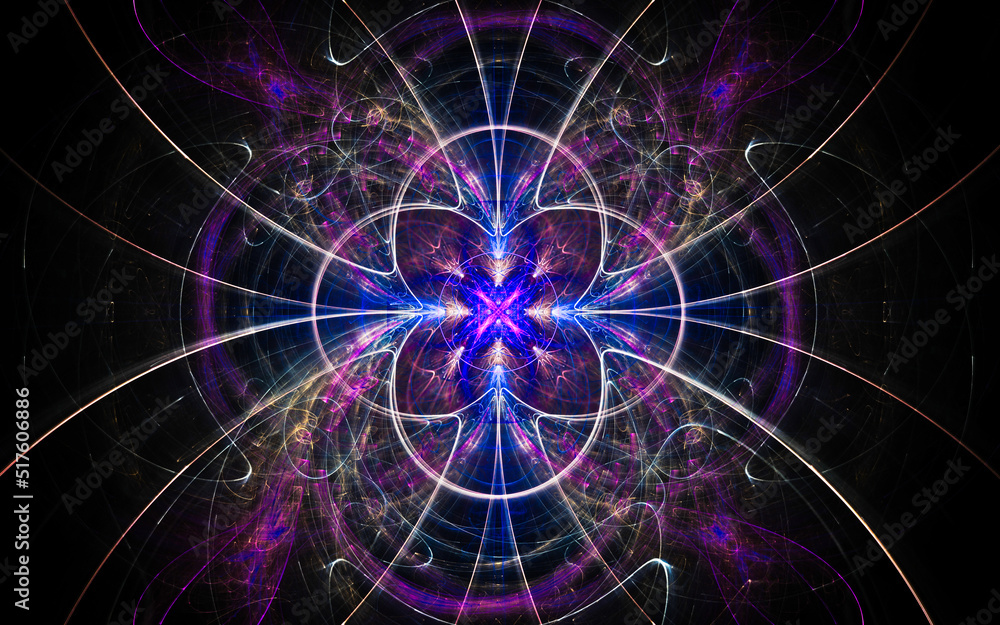 Aufkleber abstract illustration of a computer generated fantastic flower of various shapes and shades on a black background for use in symbology, signs for digital design and graphics