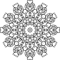 Mandala Illustration. Round Ornament Pattern.Circular symmetric mandala on white background. Illustration of pattern.Simple Mandala.Abstract simple mandala pattern.black and white background.