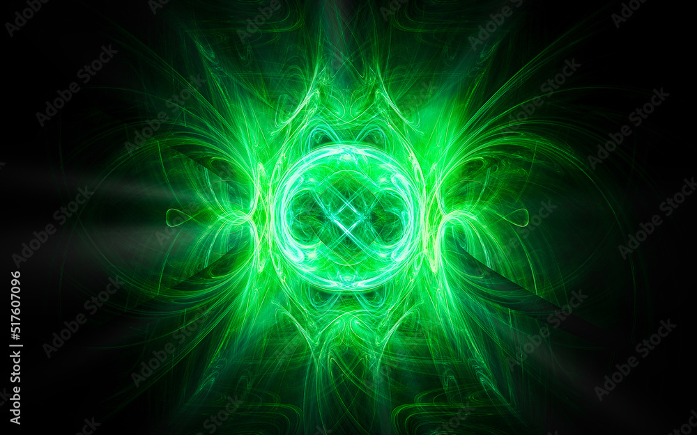 Aufkleber abstract illustration of a computer generated fantastic flower of various shapes and shades on a black background for use in symbology, signs for digital design and graphics