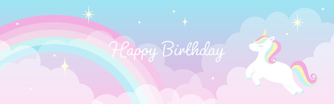 vector background with a rainbow unicorn in cloudy sky for banners, cards, flyers, social media wallpapers, etc.