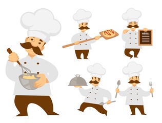 Cook or chief in uniform vector isolated character menu board and cooker cooking food and meals