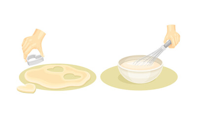 Hands kneading dough in bowl and cutting with heart shaped cookie cutter vector illustration