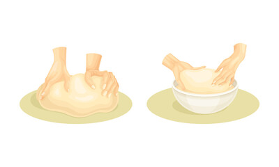Hands preparing dough for cookies, buns, pizza or bread set vector illustration