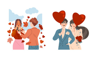 Happy people in romantic relationships set. Young man proposing marriage to girl. Happy wedding couple vector illustration
