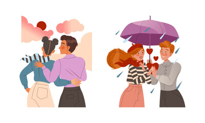 Happy people in romantic relationships set. Loving couple looking at sunset and walking under umbrella vector illustration
