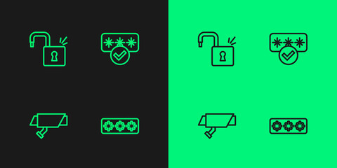 Set line Password protection, Security camera, Open padlock and icon. Vector