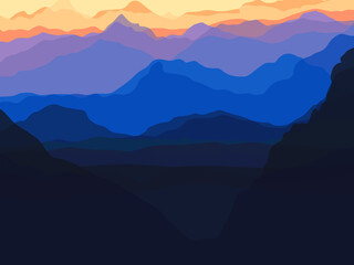 Mountains silhouette. Mysterious Mountains. Mountain silhouette with a stunning light variation. Silhouette of mountains at sunset or sunrise.