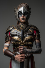 Fototapeta na wymiar Antique female knight dressed in steel armor holding sword against dark background.