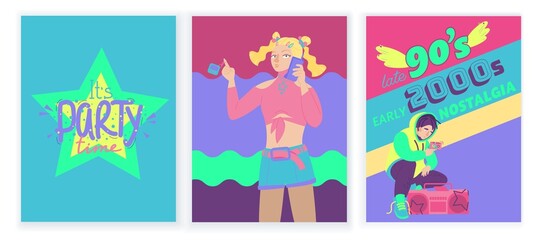 Trending Y2K vertical posters set. Nostalgia concept. Editable vector
