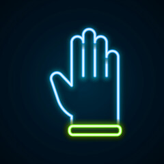 Fototapeta premium Glowing neon line Rubber gloves icon isolated on black background. Latex hand protection sign. Housework cleaning equipment symbol. Colorful outline concept. Vector