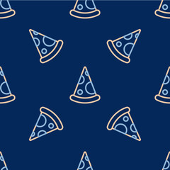 Line Slice of pizza icon isolated seamless pattern on blue background. Fast food menu. Vector