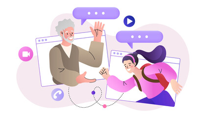 family video conference. Technology and communication between relatives. grandchild toddler talking to grandfather via webcam. Vector flat illustration.
