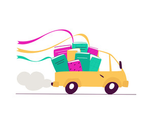 Illustration with a truck delivering books. Book delivery concept. A car filled with books drives down the street. Flat vector illustration.