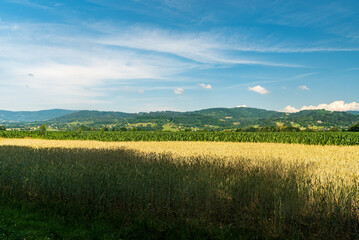 Surrounding of Hradek village with rural landscape and hills of Slezske Beskydy mountains in Czech republic