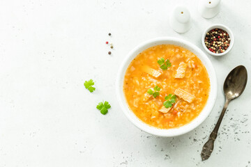 rice walnut beef soup. Top view, flat lay, copy space.