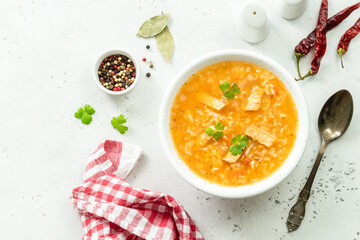 Kharcho, beef soup. Top view, flat lay, copy space.