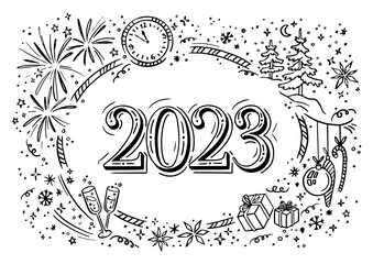 New year party 2023 doodle elements in white background. Horizontal chalkboard Vector illustration