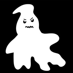 Halloween cute little white ghost design on a black background. Halloween white ghost party element vector illustration. Ghost vector with a scary face.