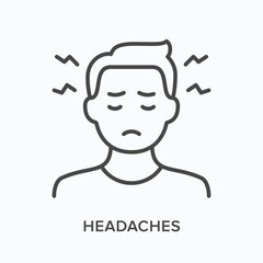 Headaches flat line icon. Vector outline illustration of man with migraine. Black thin linear pictogram for illness symptom