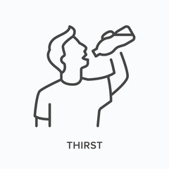 Thirst flat line icon. Vector outline illustration of man with bottle of water. Black thin linear pictogram for illness symptom