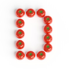 Capital letter D from pomodoro kitchen timer. Font from shiny red plastic tomato timers. White background. Bright font for menu or food blog. 3d illustration. Lettering design element. Initial cap