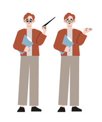 Male young teacher in casual clothes at blackboard with copy space showing something using pointer stick isolated vector illustration